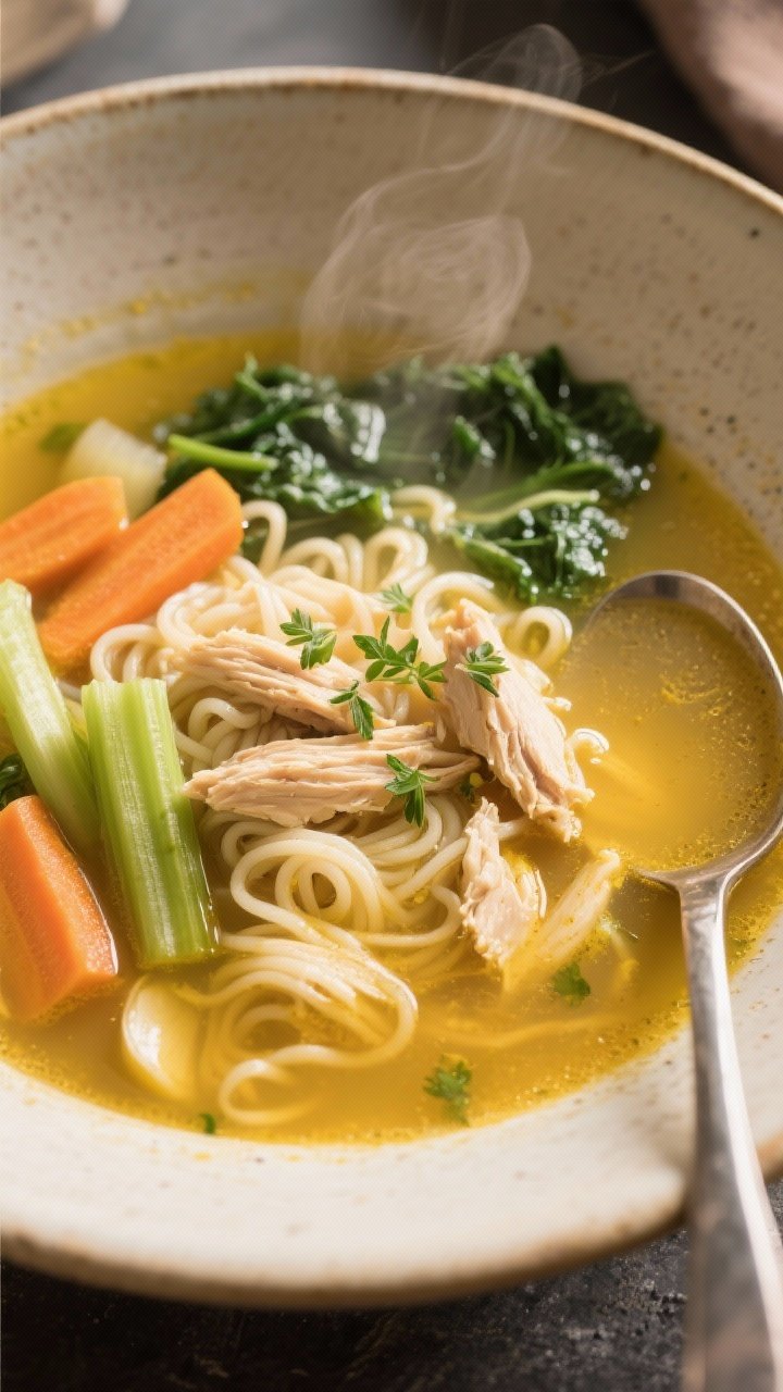 Straight-on bowl shot of cozy turmeric chicken soup: golden broth with tender shredded chicken, rice noodles coiled under the surface, sliced carrots, celery, and greens (spinach or kale) peeking through; hints of onion/leek and garlic in the aromatic steam; served in a deep ceramic bowl with a ladle and a sprinkle of fresh herbs; warm, nourishing light.