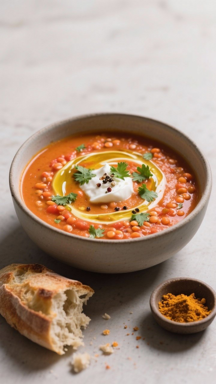 Straight-on bowl shot of creamy tomato lentil soup: velvety, sunset-orange soup made with red lentils and crushed tomatoes, scented with curry powder, coriander, and turmeric; glossy swirl of olive oil on top, a dollop of yogurt, chopped cilantro, and cracked pepper; served in a matte ceramic bowl with a torn piece of crusty bread and a tiny dish of spices beside it