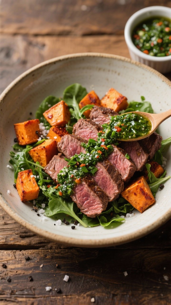 Straight-on plated Chimichurri Steak and Sweet Potato Bowl: medium-rare flank/sirloin steak sliced against the grain with visible juices, vibrant green chimichurri spooned over, roasted sweet potato cubes with smoked paprika, a bed of mixed greens; coarse sea salt and black pepper dusting; ceramic shallow bowl on a rustic wood table, side ramekin of extra chimichurri, rich, hearty mood.