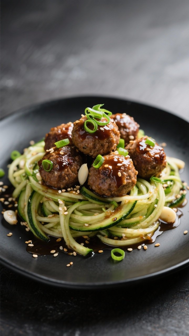 Straight-on plated composition of Five-Spice Turkey Meatballs with Garlicky Zoodles: glossy turkey meatballs flecked with scallions, seasoned with Chinese five-spice, soy/tamari, and garlic, stacked over a nest of zucchini noodles sautéed with garlic; light soy-ginger glaze and toasted sesame seeds; fresh scallion curls on top; matte black plate for contrast, soft directional light to emphasize juicy meatball texture and zoodle sheen.