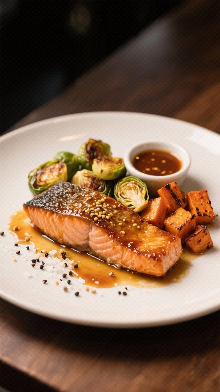 Straight-on plated dinner: maple-Dijon glazed salmon fillets with caramelized edges, flanked by roasted Brussels sprouts halves and sweet potato cubes, all lightly charred; glaze pooling slightly on the plate, visible mustard seeds; sea salt and black pepper crystals; served on a matte white plate with a small dish of extra maple-Dijon sauce; warm evening light.
