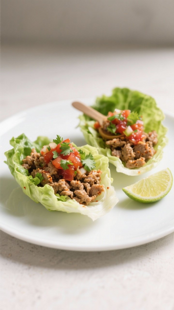 Straight-on plated lettuce cups: butter lettuce leaves filled with juicy lean ground turkey cooked with taco seasoning and salsa, topped with extra spoonfuls of salsa; vibrant, saucy turkey crumbles, a sprinkle of chopped cilantro and lime wedges on the side; minimalist white plate against a neutral backdrop to emphasize color and texture; clean, craveable, weeknight-friendly.