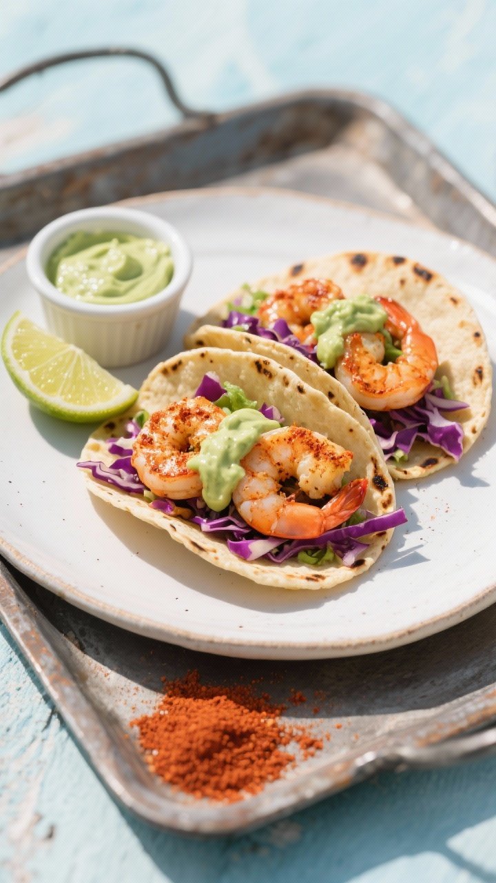Straight-on plated scene: Zesty shrimp tacos—plump shrimp coated in chili powder, smoked paprika, cumin, and sea salt—tucked into lightly charred small corn tortillas. Topped with crunchy purple-green cabbage slaw and a generous drizzle of silky avocado crema. Lime wedges, a ramekin of crema, and a dusting of paprika on a rustic tray for a bright coastal feel.