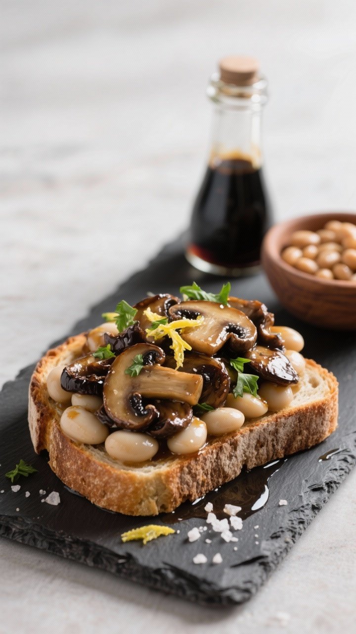Straight-on shot of balsamic mushroom and white bean toast that eats like dinner: thick sourdough slices piled high with sautéed cremini mushrooms glazed in balsamic, creamy cannellini beans, a sprinkle of lemon zest and chopped parsley; olive oil gloss, flaky salt crystals visible; served on a slate board with a small bowl of extra beans and a drizzle bottle of balsamic nearby