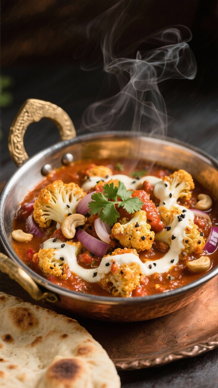 Straight-on shot of cauliflower tikka masala with cashew cream: roasted cauliflower florets nestled in a rich, spiced tomato-cashew sauce with sautéed onion, garlic, and grated ginger; finished with a swirl of pale cashew cream and a dusting of fresh black pepper; served in a brass kadai with warm naan on the side, steam rising, garnished with cilantro, deep, saturated colors highlighting the tikka masala warmth.