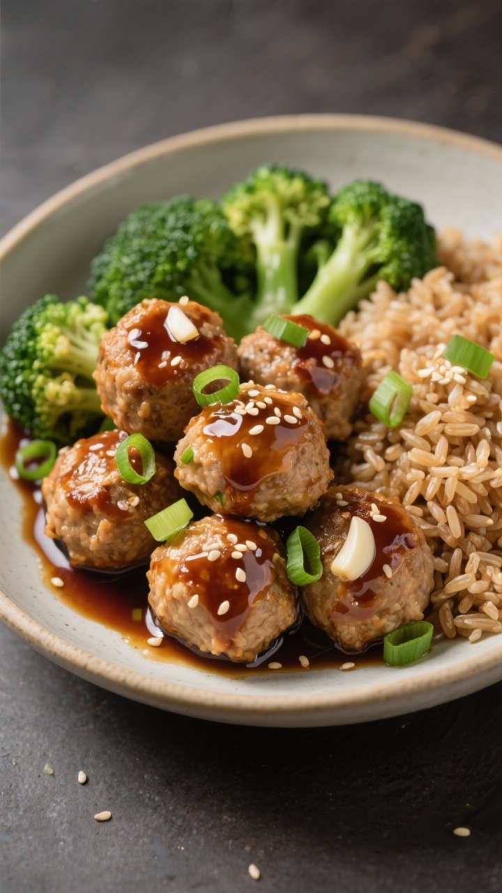 Straight-on shot of ginger-sesame chicken meatballs glazed and stacked in a shallow bowl: juicy ground chicken meatballs flecked with green onion, garlic, and grated ginger, seasoned with low-sodium soy sauce and sesame. Served alongside vibrant green broccoli and a mound of fluffy brown rice; sprinkled with sesame seeds and more sliced scallions, glossy sauce pooling lightly.