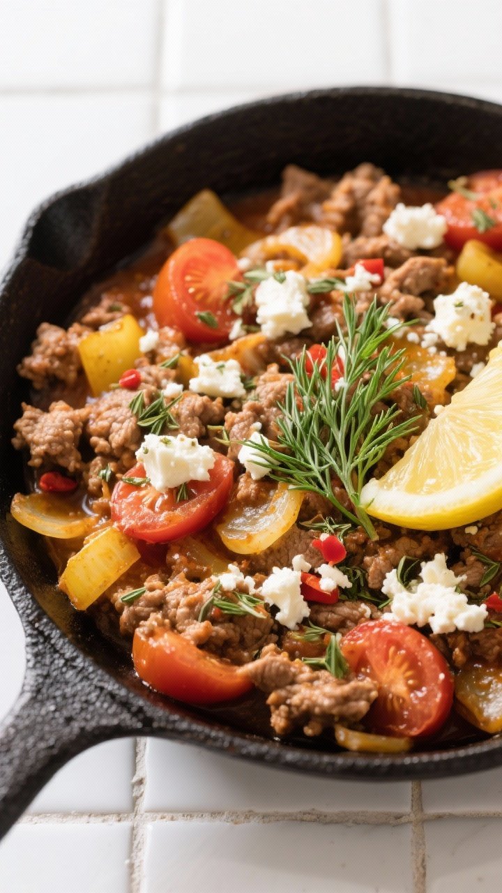 Straight-on skillet bake: Greek-style ground turkey simmered with diced yellow onion, minced garlic, dried oregano, a hint of cinnamon, and crushed red pepper, folded with juicy tomatoes; topped with crumbled feta and broiled until lightly golden; garnished with fresh dill and lemon wedges; served in a black cast-iron skillet against a white tile backdrop.