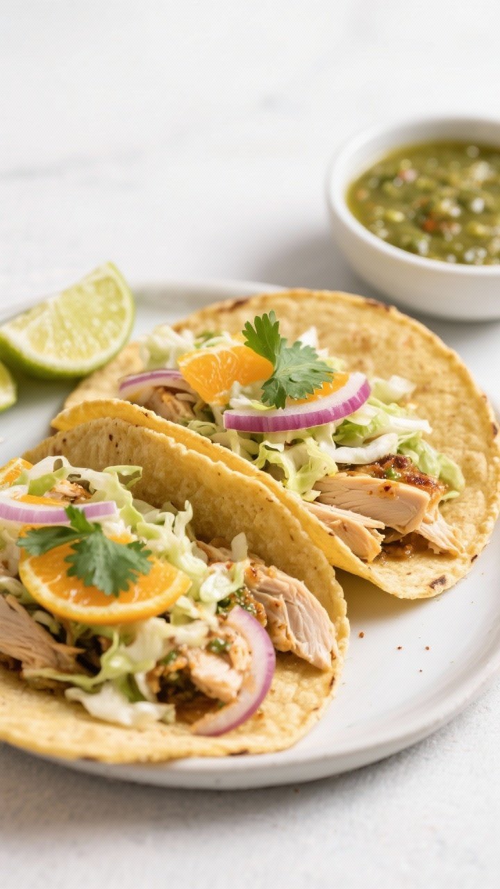 Straight-on taco assembly shot for salsa verde chicken tacos with citrus slaw: shredded chicken breasts cooked in low-sodium salsa verde with thinly sliced onion, cumin, garlic powder, and smoked paprika, piled into warm corn tortillas; topped with crunchy citrus slaw (shredded cabbage with lime/orange notes) and fresh cilantro; a small bowl of extra salsa verde and lime wedges in frame, clean minimal backdrop for a meal-prep vibe.